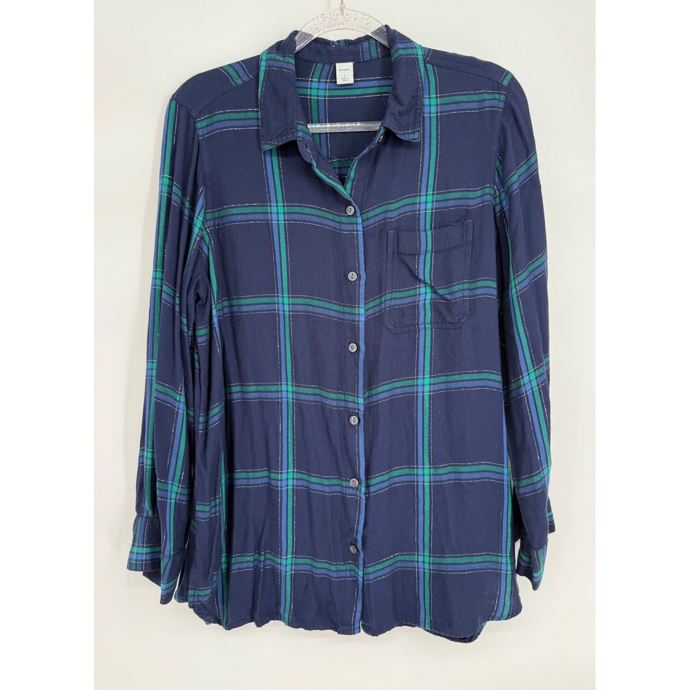 Old Navy Womens Sz L Plaid Button Down Shirt Navy Green Metallic Sparkle Lurex